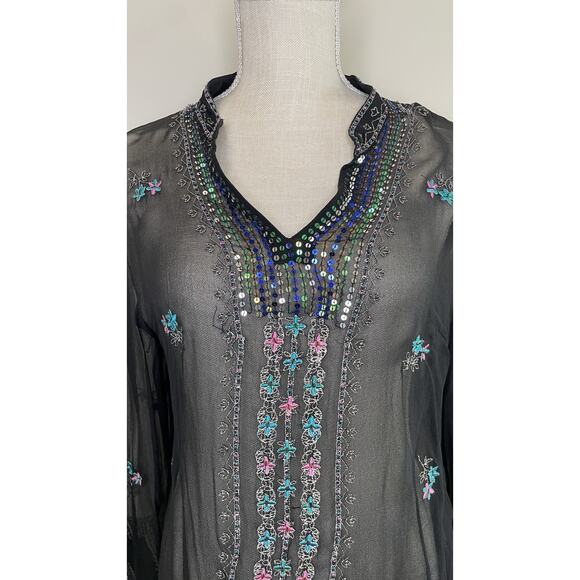 Silkland 100% Silk Black L Embroidered Beaded Sequined Blouse Sheer Rainbow - Picture 3 of 15